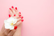 Beautiful woman hands with red nails on light pink table background. Pastel color. White orchid flower. Closeup. Manicure, pedicure beauty salon concept. Empty place for text or logo. Top down view.