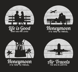 Sticker - Lovers in park. Set of black and white retro illustrations with silhouettes of couples sitting on bench. People in balloon basket, aircraft in sky. Romantic vector background for prints, t-shirts