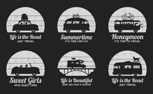 Cars On Road. Set Of Black And White Retro Illustrations With Silhouettes Of People In Road Trip. Family Camping Trip. Vector Backgrounds For Prints, T-shirts