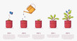 Growing plant stages. Seeds, watering can, sprout and grown plant. House plant in flowerpot. Line style flat illustration of house plant with leaves in pot. Thin lines. Growing process.