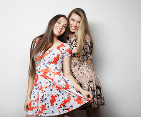 fashion and people concept - two stylish sexy girls best friends wearing dress