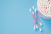 Cosmetic Cotton Buds On Blue Background. Sticks For Cleaning Ears.