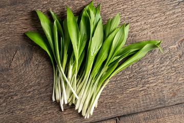 Fresh wild garlic leaves on a table