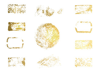 Gold paint smear stroke stain set. Abstract gold glittering textured art illustration. Vector