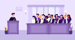 Illustration of people, judge and courthouse in jury trial concept. Vector Illustration