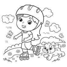 Coloring Page Outline Of Cartoon Girl On The Roller Skates With A Dog. Coloring Book For Kids
