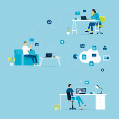 Wall Mural - flat vector work from home workplace concept and business smart working online connect anywhere conc