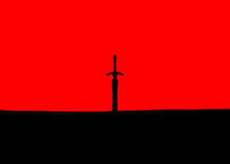 Sword sticking out of the ground against red sky