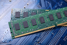 Computer Memory RAM On Motherboard Background . Close Up. System, Main Memory, Random Access Memory, Onboard, Computer Detail. Computer Components . DDR3. DDR4. DDR5