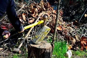 Chopping wood with the hatchet in a rural scene.