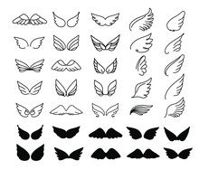 Vector Wings Icon Set. Bird Or Angel Wing Silhouette Illustration Design Feather. Wings Icon Sketch Collection Hand Drawing.