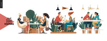 Visitors -small Business Graphics. Modern Flat Vector Concept Illustrations -set Of Illustrations Showing Customers Eating Inside Of Cafe, Restaurant, Bar Or Pub