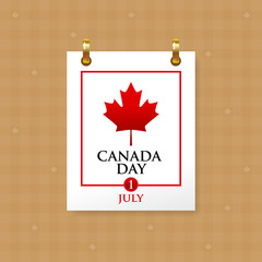 Wall Mural - calendar with the date of July 1 and a red maple leaf, symbol of Canada. Vector illustration