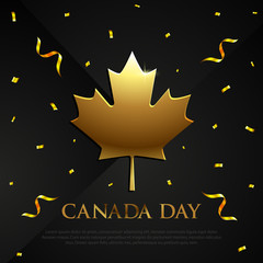 Wall Mural - square banner with Happy Canada Day, golden maple leaf and confetti on a black background. Template with place for text. luxury style. Vector illustration