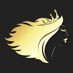 Silhouette of a beautiful girl with a golden crown and hairstyle. Symbol for beauty salon and hairdresser