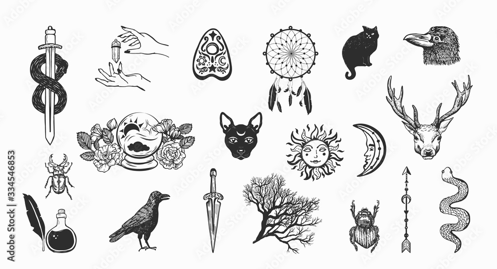 Witchcraft and magic vector collection. Hand drawn occult symbols on ...