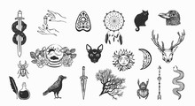 Witchcraft And Magic Vector Collection. Hand Drawn Occult Symbols On White Background.