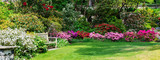 Beautiful Garden with blooming trees during spring time, Wales, , banner size