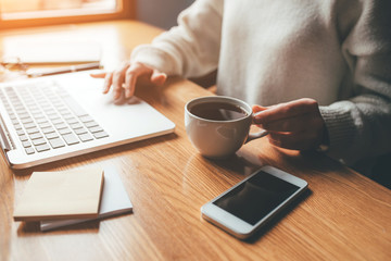 Young woman working in a home office on her laptop computer. Remote work concept.