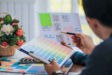 Soft Focus and Blur,A group of web designers are working together to develop a mobile responsive website with UI UX Front End Designer Previewing. Website development concept UI UX front end designer 