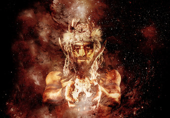 beautiful shamanic man with headband and deer skull on abstract structured space background.