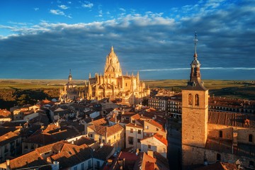 Wall Mural - Segovia Cathedral aerial view sunrise