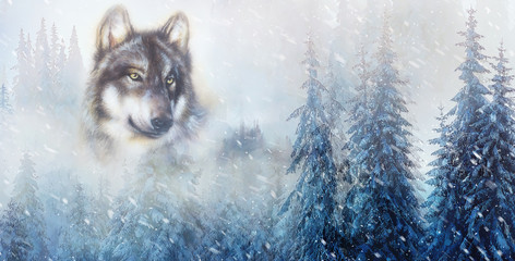 Wall Mural - mountain snowy landscape with wolf, graphic effect.