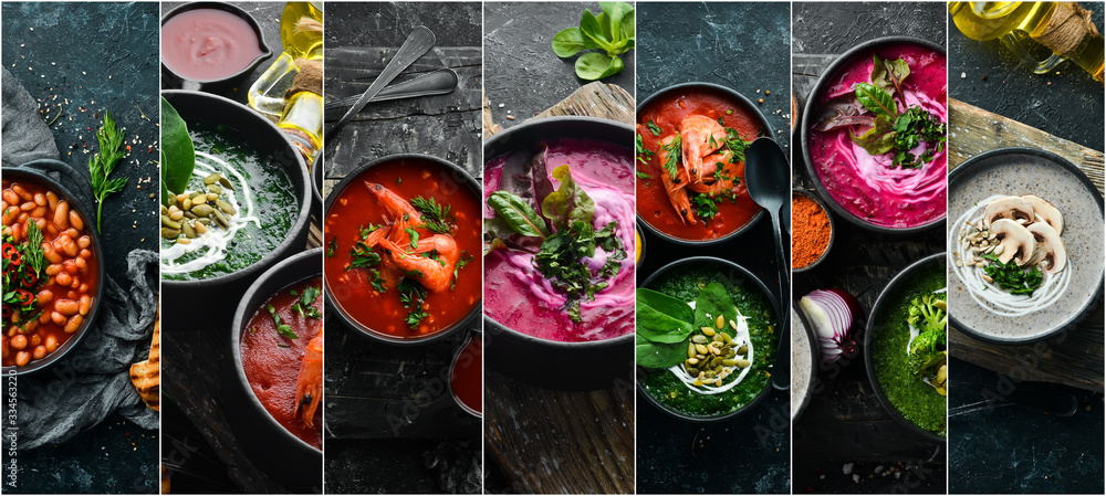 Set of colored soups, photo collage. Healthy food. On a black stone background. - obrazy, fototapety, plakaty 