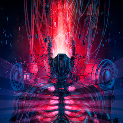 extreme system overload / 3d illustration of futuristic metallic science fiction cyborg breaking apa