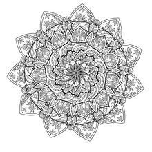 Monochrome Ethnic Mandala Design. Anti-stress Coloring Page For Adults. Hand Drawn Illustration
