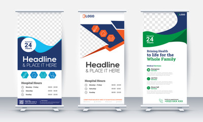 Wall Mural - health care and medical roll up design, standee and banner template decoration for exhibition, printing, presentation and brochure flyer concept vector illustration