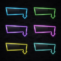 Wall Mural - neon light rectangle arrow pointer set on black brick background. color arrows symbol. glowing illum