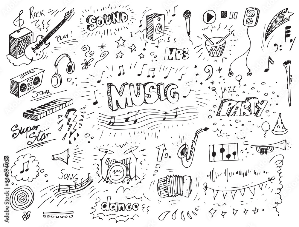 Hand drawn music doodles vector illustration  - obrazy, fototapety, plakaty 