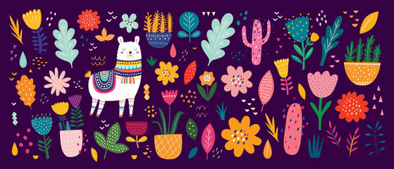 Wall Mural - Beautiful flower collection with flowers, llama, leaves. Modern colorful vector pattern 