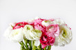 Macro shot of beautiful bouquet of pink & white ranunculus flowers with visible petal texture . Close up composition with bright patterns of flower buds with a lot of copy space for text. Top view.