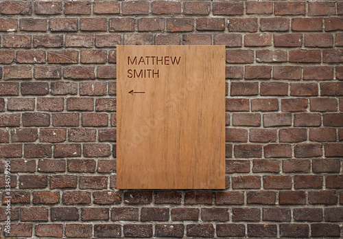 Download Wooden Sign Logo Mockup On Brick Wall Stock Template Adobe Stock