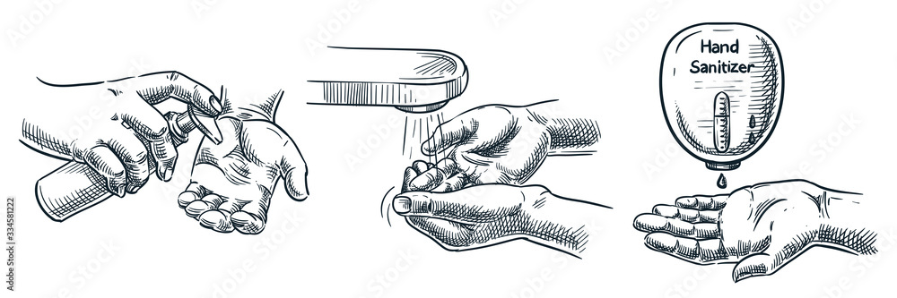 Hygiene and sanitation vector illustration. Human hand applying soap, antibacterial gel, antiseptic sanitizer - obrazy, fototapety, plakaty 