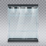 Fototapeta  - Glass showcase or display cabinet realistic vector mockup of shop or museum stand with glass shelves and spotlights on transparent background. Retail store, supermarket or exhibition furniture design