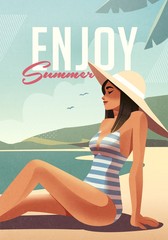 Girl relaxing on the beach. Summer vacation poster or flyer design template with sexy female on the beach. Party invitation. Modern style. Vector illustration