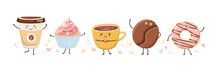 Set Of Cute Coffee And Desserts Characters In Trendy Kawaii Style. Take Away Cups, Mugs And Bean With Hot Beverage. Happy Cartoon Drinks And Sweet Pastry. Banner, Card, Poster Design.