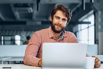 Wall Mural - Young bearded man wearing casual shirt using his laptop computer. Businessman portrait