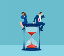 Vector Of A Stressed Business Man And Business Woman Sitting On A Hourglass