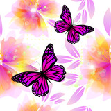 Fototapeta Motyle - Delicate pink flowers with butterflies are a seamless background. Vector illustration