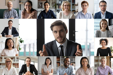 Wall Mural - headshot screen application view of smiling multiracial employees talk speak on video call brainstor