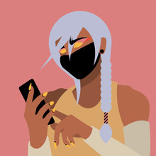Woman Wearing A Mask And Typing On Her Cell Phone