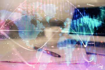 Aufkleber - Double exposure of business theme drawings and desk with open notebook background. Concept of international market