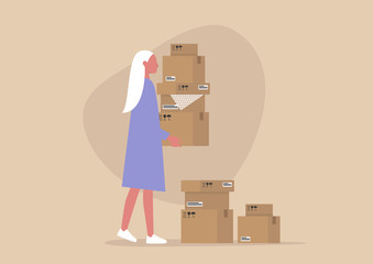 Young female character holding a pile of cardboard boxes, delivery service, courier