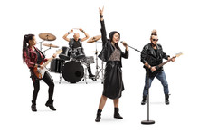 Female Singer, Male And Female Guitar Players And A Drummer In A Band