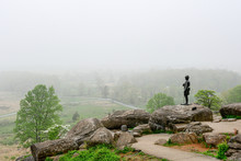  Little Round Top At Civil War Battlefield With Statue Of General Warren, Gettysburg, Pennsylvania.