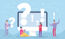People Asking Questions Around A Huge Question Mark In Computer. Question Mark Concept. Vector Illustration For Web Banner, Infographics, Mobile. Landing Page Template. FAQ Business Manager.